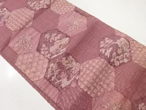 アンティーク　手織り紬亀甲に松・花模様織出し名古屋帯